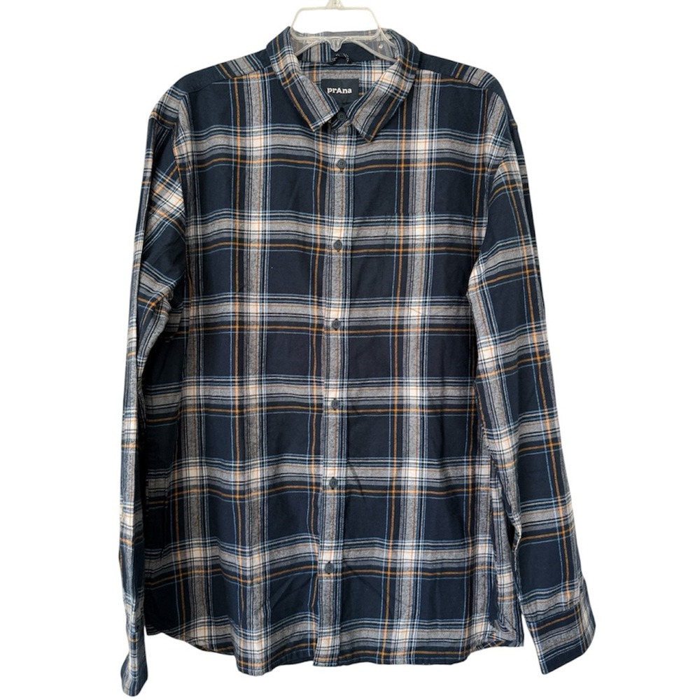 Prana Los Feliz Flannel Shirt Cotton‎ Poly Plaid Button Up Men's XL Navy